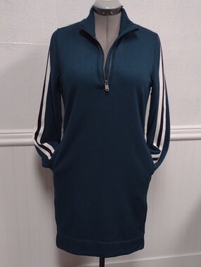 Athleta Teal Quarter-Zip Dress with Striped Sleeves